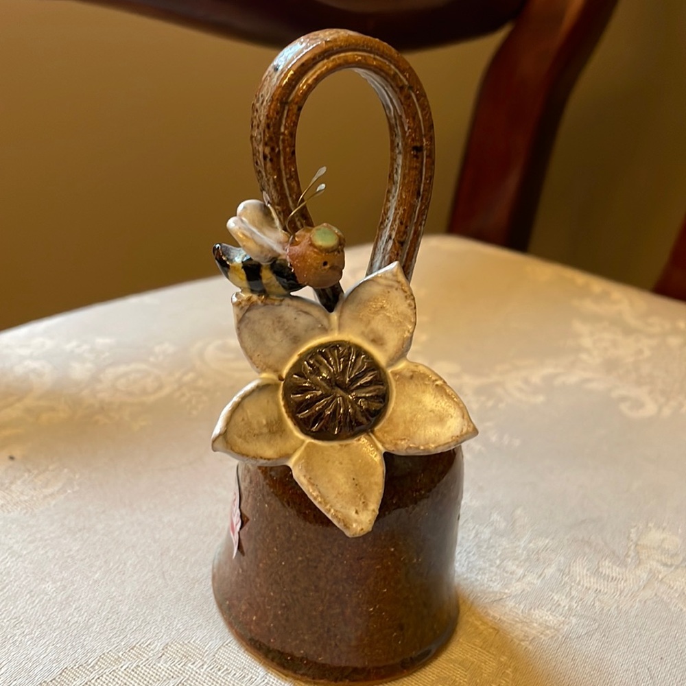 Artisan hand-thrown bumble bee and flower clay bell